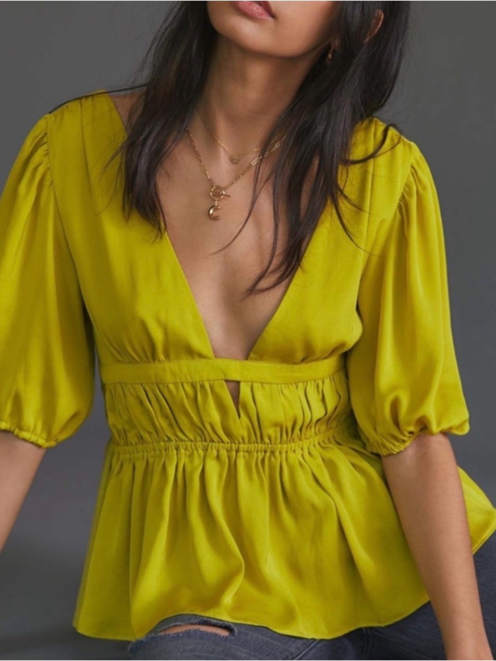ANTHRO DOLAN Deep V Peplum Blouse in Chartreuse SZ S